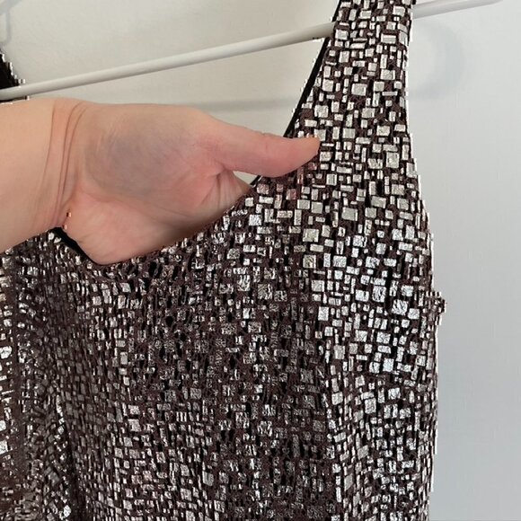 GUESS Mauve Brown / Purple Silver Metallic Sleeveless Ruffle Party Mini Dress 3 - Picture 6 of 12